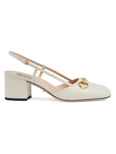 Gucci Lady Leather Horsebit Slingback Pumps In White