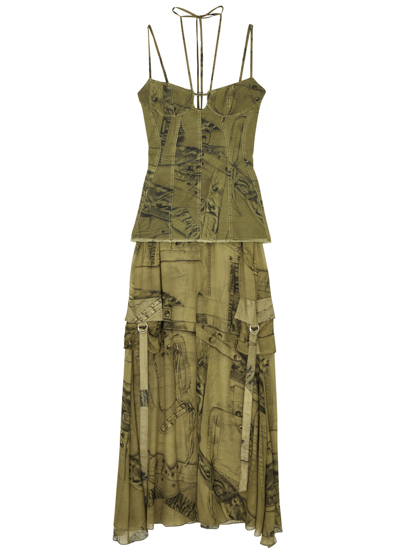 Blumarine Printed Stretch-denim And Chiffon Maxi Dress In Taupe