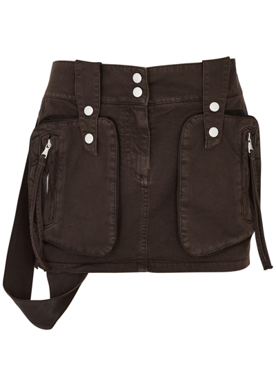 Blumarine Cotton Denim Zip Cargo Mini Skirt In Dark Brown