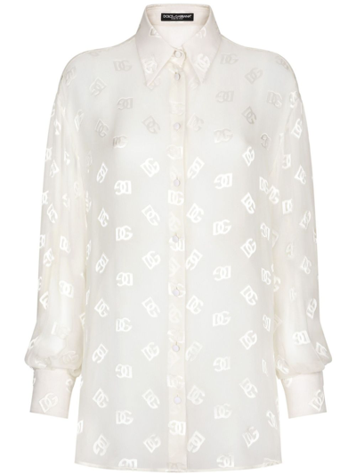 Dolce & Gabbana Monogram Jacquard Silk Shirt In White
