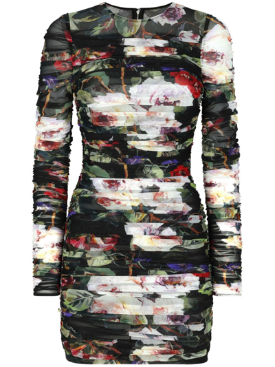 Dolce & Gabbana Floral-print Short Dress In Neutrals