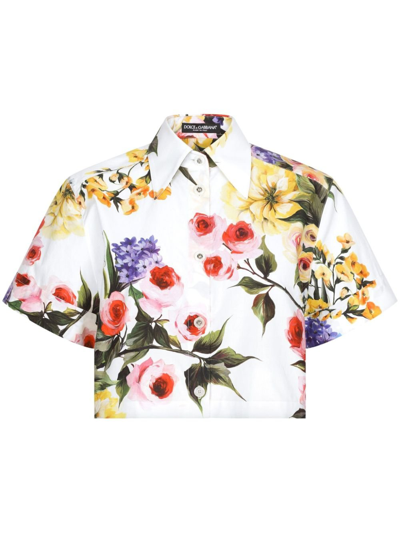 DOLCE & GABBANA WHITE GARDEN PRINT CROPPED SHIRT