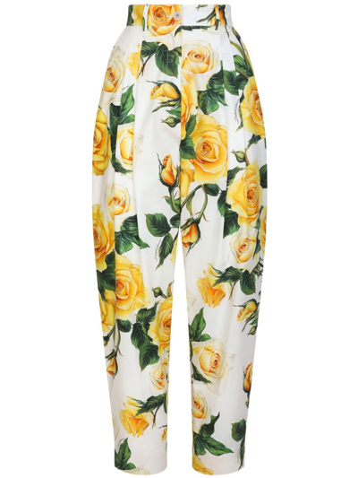 Dolce & Gabbana High-waisted Cotton Pants With Yellow Rose Print In Multi