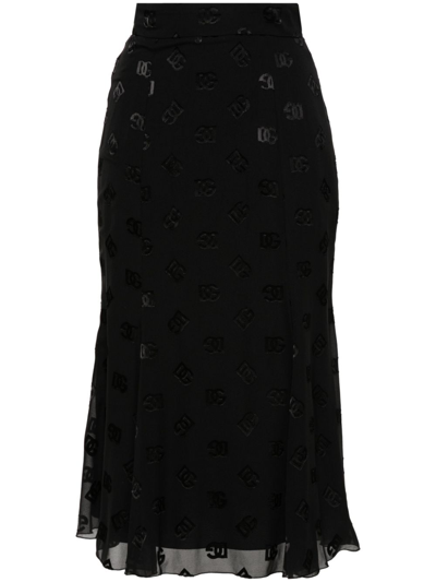 Dolce & Gabbana Black Devoré Godet Midi Skirt