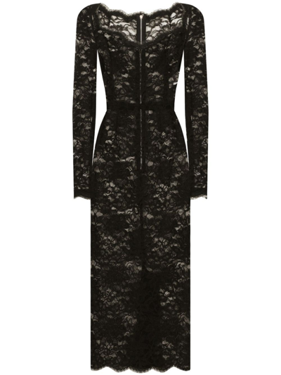 Dolce & Gabbana Semi-sheer Lace Midi Dress In Black
