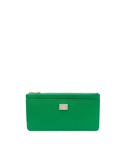 Dolce & Gabbana Logo-plaque Pebbled Leather Wallet In Green