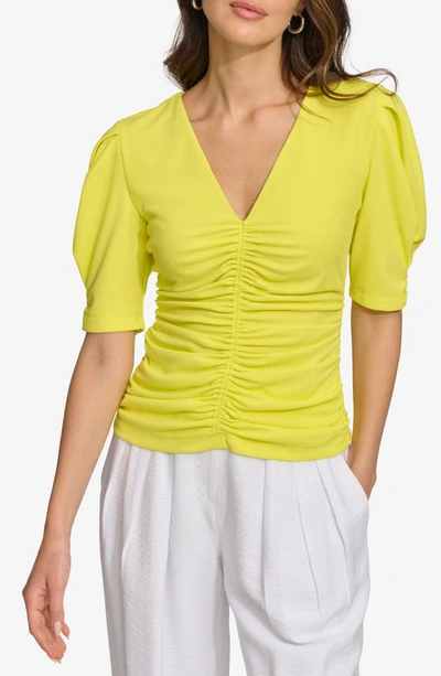 Dkny Ruched Puff Shoulder Top In Fluoro Yellow
