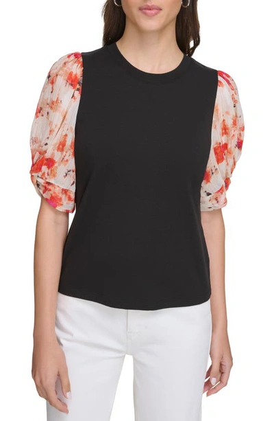 Dkny Women's Printed Chiffon-sleeve Top In Black,ivory,orange Blossom Multi