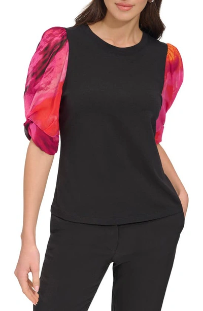 Dkny Women's Printed Chiffon-sleeve Top In Black,shocking Pink Multi
