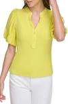 Dkny Puff Sleeve Mixed Media Henley Top In Fluoro Yellow