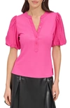 Dkny Women's Puff-sleeve Ribbed Henley Shirt In Shocking Pink