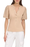 Dkny Women's Puff-sleeve Ribbed Henley Shirt In Sandalwood