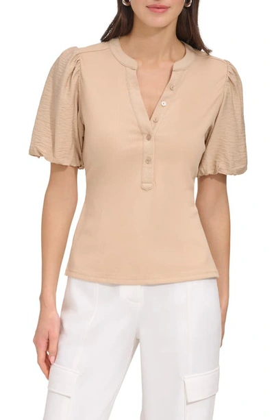 Dkny Women's Puff-sleeve Ribbed Henley Shirt In Sandalwood