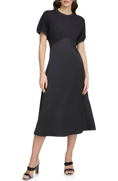 Dkny Scuba Satin Short Sleeve Midi Dress In Black/black