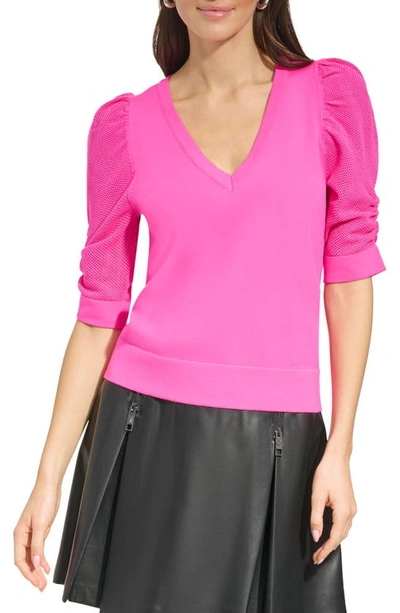 Dkny Women's Puff-sleeve V-neck Sweater In Festive Pink