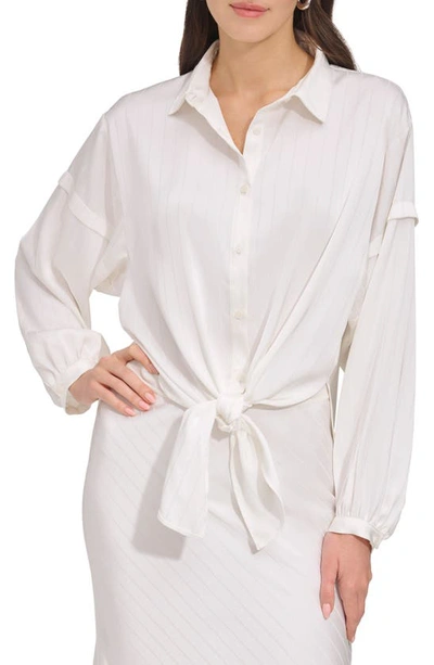 Dkny Stripe Jacquard Tie Hem Button-up Shirt In Ivory