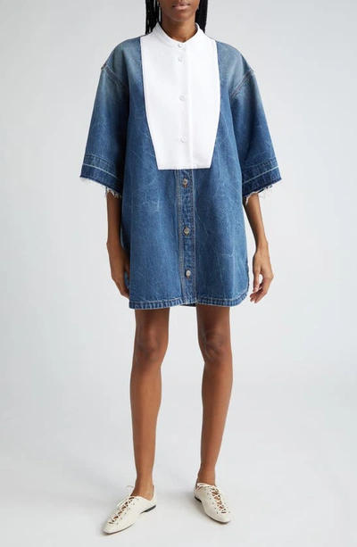 Stella Mccartney Mixed Media Button Front Shirtdress In Mid Blue Vintage