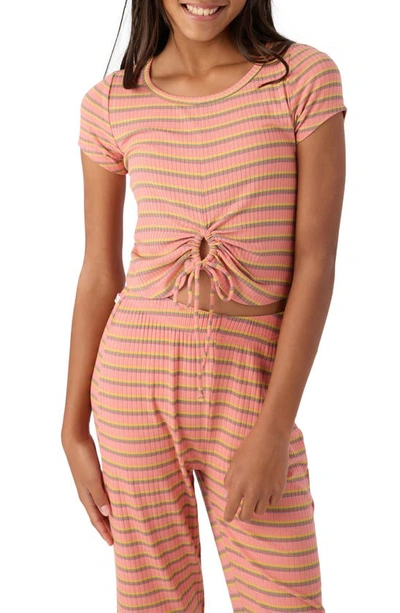 O'neill Kids' Shae Stripe Cutout Tie Front T-shirt In Burnt Coral