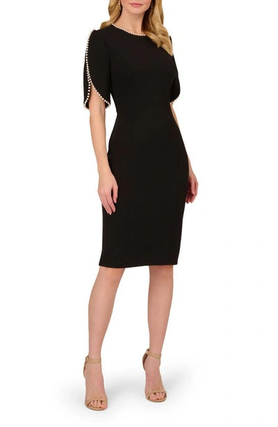 Adrianna Papell Crepe Midi Length Sheath Dress With Pearly Trim In Black