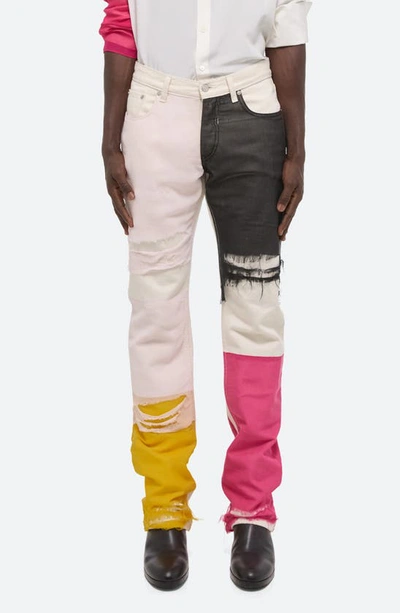 Helmut Lang Colorblock Distressed Silk Chiffon Panel Straight Leg Jeans In Cream Multi