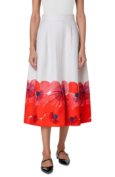 Akris Pleated Floral-print Cotton Voile Midi Skirt In Poppy-greige