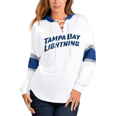 G-iii 4her By Carl Banks White/blue Tampa Bay Lightning Goal Zone Long Sleeve Lace-up Hoodie T-shirt In White,blue