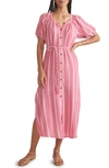 Marine Layer Stripe Belted Double Cloth Midi Shirtdress In Fuschia Stripe