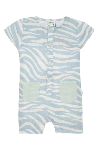 Mon Coeur Babies' Zebra Print Linen Henley Romper In Natural/ Sterling Blue