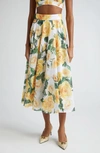 Dolce & Gabbana Sequined Midi Circle Skirt With Yellow Rose Print In White Floral