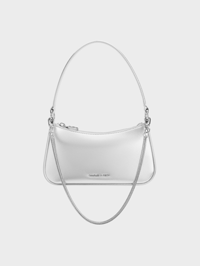 Charles & Keith Metallic Curved Shoulder Bag In Silver
