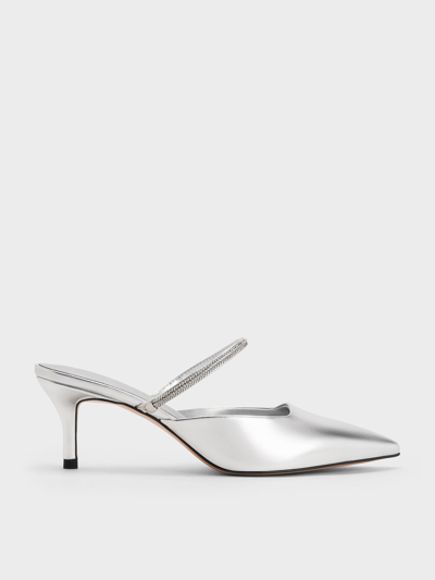 Charles & Keith Metallic Braided-strap Pointed-toe Mules In Silver