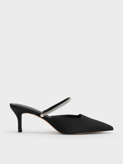 Charles & Keith Satin Braided-strap Pointed-toe Mules In Black Textured