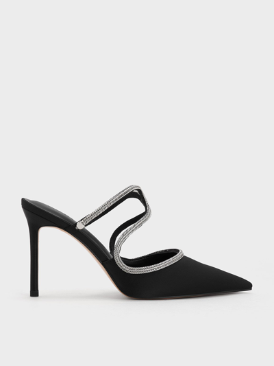 Charles & Keith Satin Braided-strap Stiletto-heel Mules In Black Textured