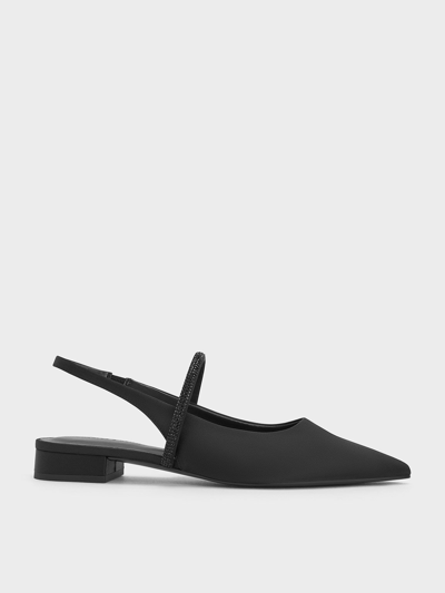 Charles & Keith Satin Crystal-strap Pointed-toe Slingback Flats In Black Textured