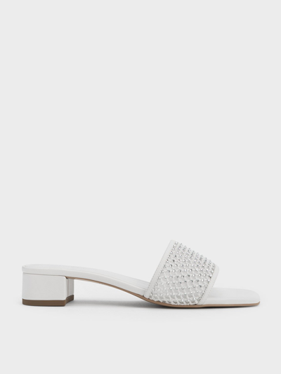 Charles & Keith Satin Crystal-embellished Heeled Mules In White