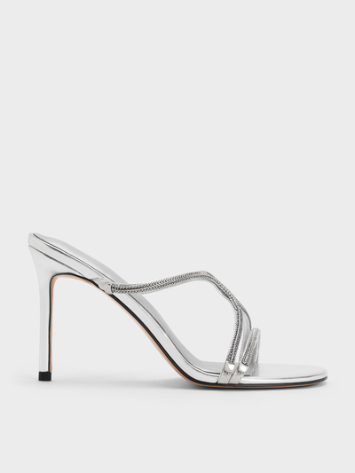 Charles & Keith Metallic Braided Strappy Heeled Mules In Silver