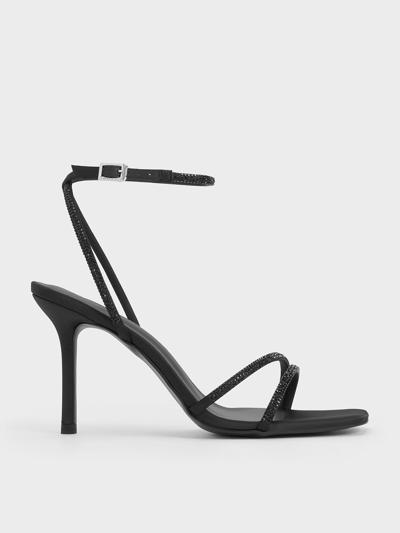 Charles & Keith Satin Crystal-embellished Stiletto-heel Sandals In Black Textured