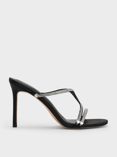 Charles & Keith Satin Braided Strappy Heeled Mules In Black Textured