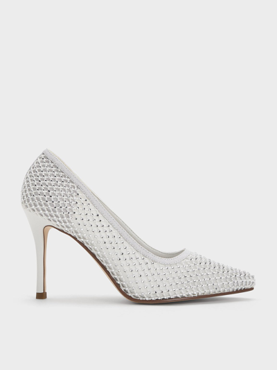Charles & Keith Mesh Crystal-embellished Pointed-toe Pumps In White