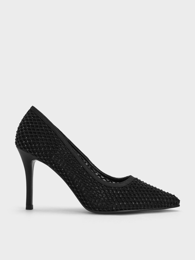 Charles & Keith Mesh Crystal-embellished Pointed-toe Pumps In Black Textured