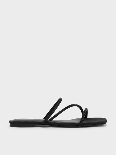 Charles & Keith Satin Crystal-embellished Strappy Sandals In Black Textured