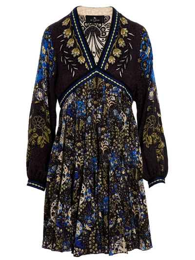 Etro Mixed Floral-printed Leopard Satin Jacquard Dress In Multicolor