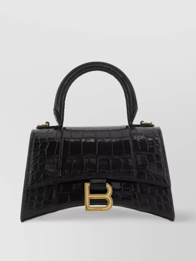 Balenciaga Hourglass Crocodile Effect Top-handle Bag In Black