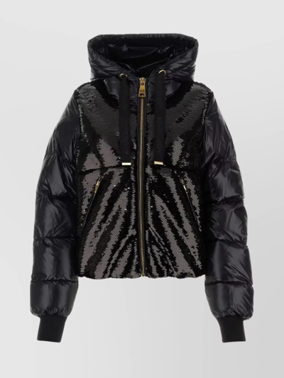 KHRISJOY BLACK SEQUINS AND NYLON PUFF GLOSSY DOWN JACKET
