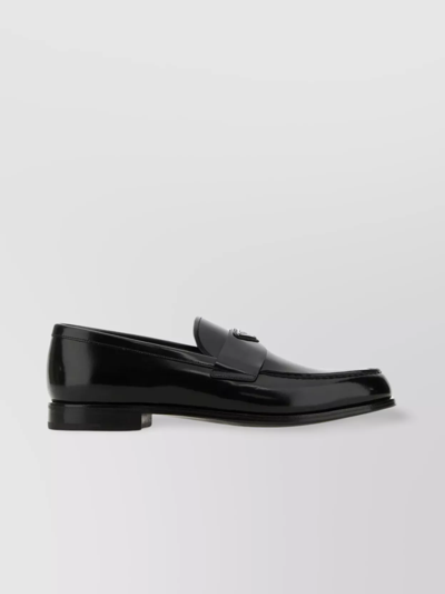 Prada Classic Round Toe Leather Loafers With Low Block Heel In Black