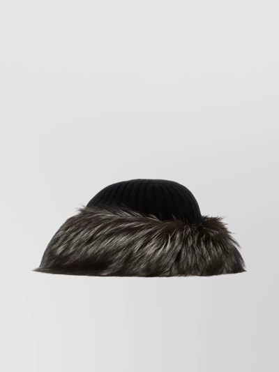Prada Wool Blend Ribbed Knit Hat With Fur Trim