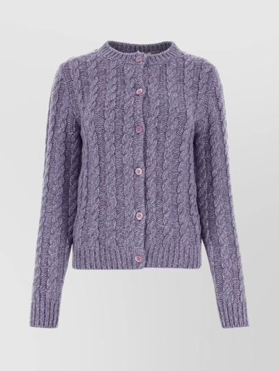 Miu Miu Cable Knit Ribbed Cardigan In Purple