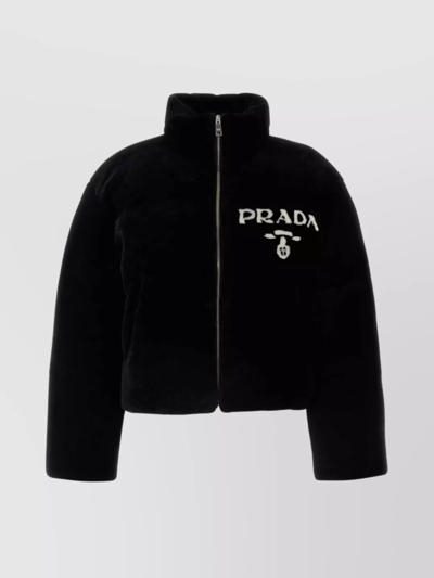 Prada Shearling Collar Cropped Jacket In Black