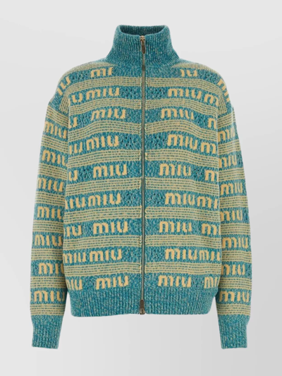 Miu Miu Oversized Wool Blend Cardigan With Embroidered Knit Pattern In Green