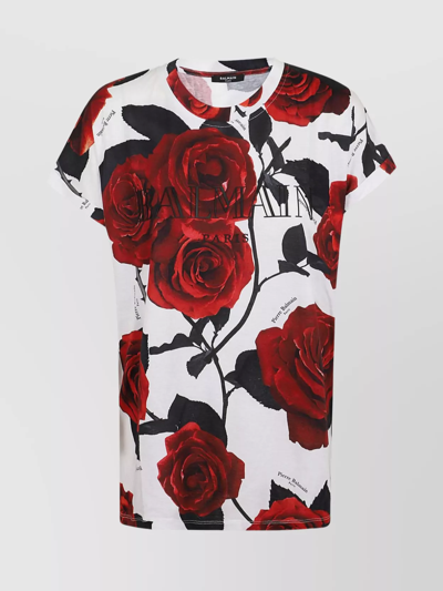 Balmain Roses-print Cotton T-shirt In White And Black
